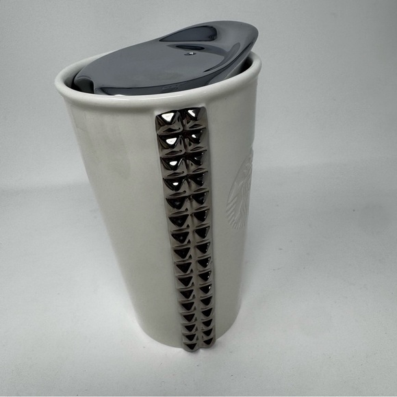 Starbucks 2014 White Ceramic Silver Studded 10oz Travel Tumbler Coffee Mug w/Lid - Picture 7 of 7